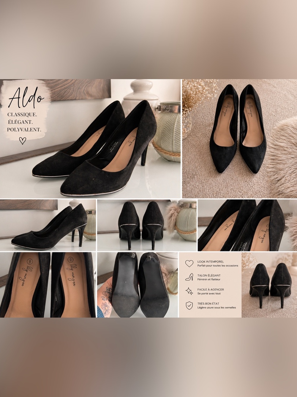 Black Suede Pointed-Toe Heels with Silver Trim